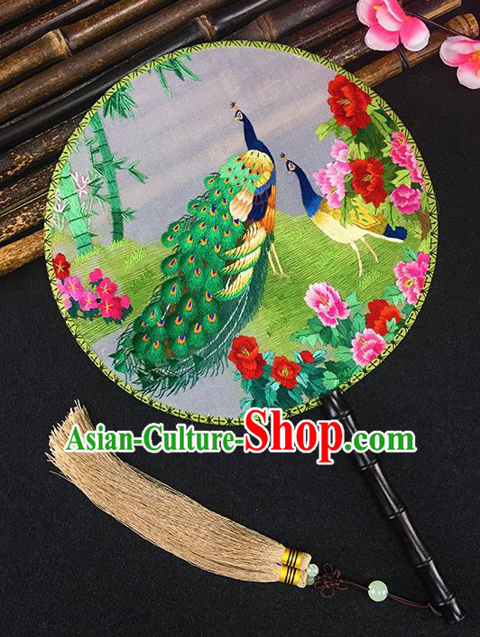 Chinese Traditional Craft Embroidered Peacock Palace Fans Round Fan for Women