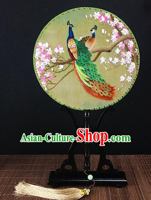 Chinese Traditional Craft Embroidered Peacock Peach Blossom Palace Fans Round Fan for Women