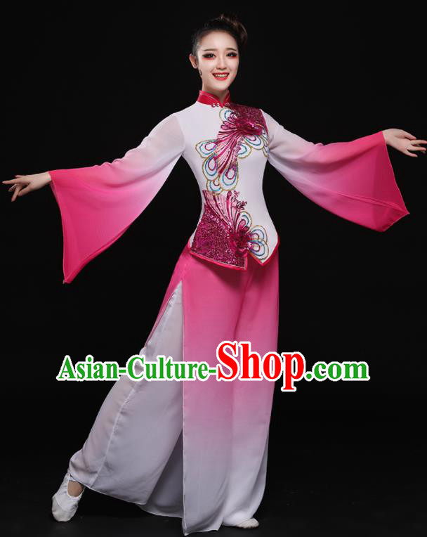 Chinese Traditional Classical Dance Yangko Pink Dress Umbrella Dance Costume for Women