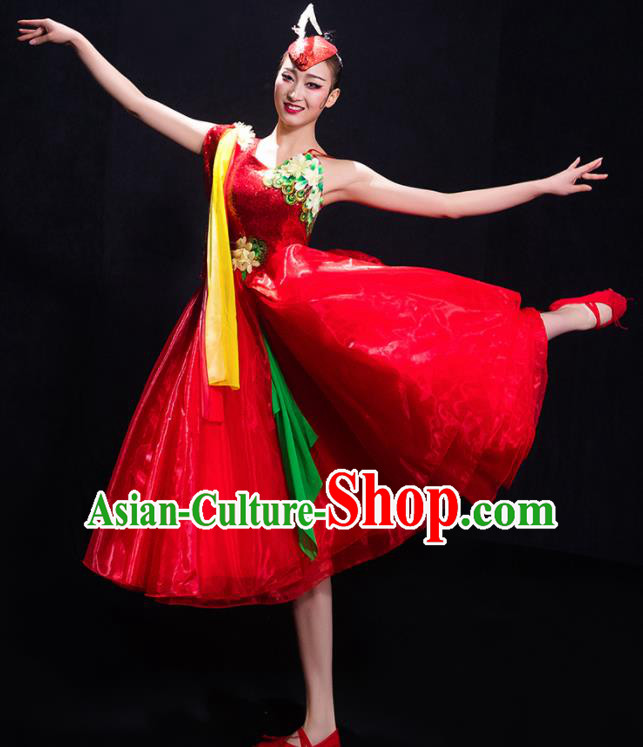 Professional Chorus Costumes Modern Dance Red Bubble Dress for Women
