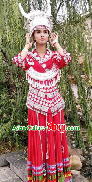 Chinese Traditional Miao Nationality Costume Hmong Bride Embroidered Red Dress and Headpiece for Women