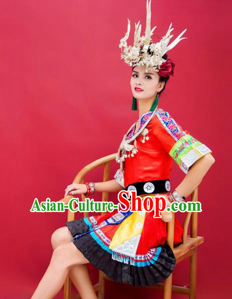 Chinese Traditional Miao Nationality Hmong Pleated Skirt Embroidered Costumes and Headpiece for Women