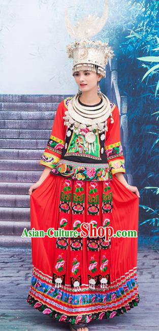 Chinese Traditional Miao Nationality Embroidered Red Costumes and Headpiece for Women