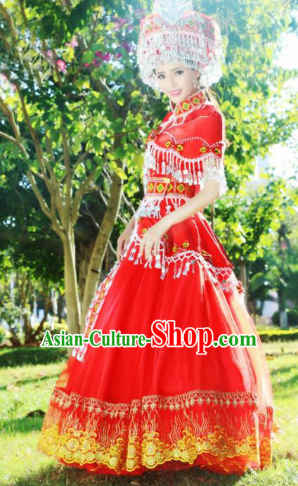 Chinese Traditional Miao Nationality Dance Wedding Embroidered Red Costumes and Headpiece for Women