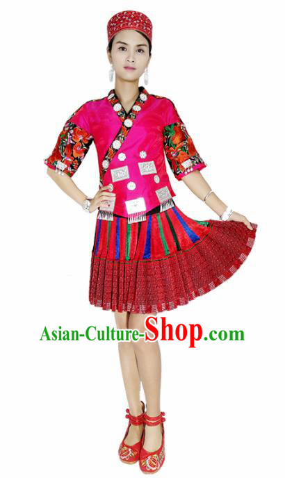Chinese Traditional Zhuang Nationality Dance Embroidered Red Costumes and Headpiece for Women