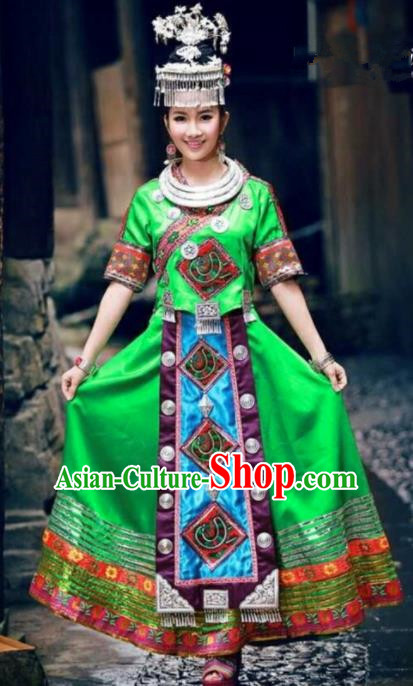 Traditional Chinese Miao Minority Dance Embroidered Green Costumes and Headwear for Women