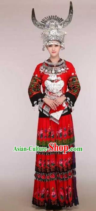 Traditional Chinese Miao Minority Embroidered Red Costumes and Headwear for Women