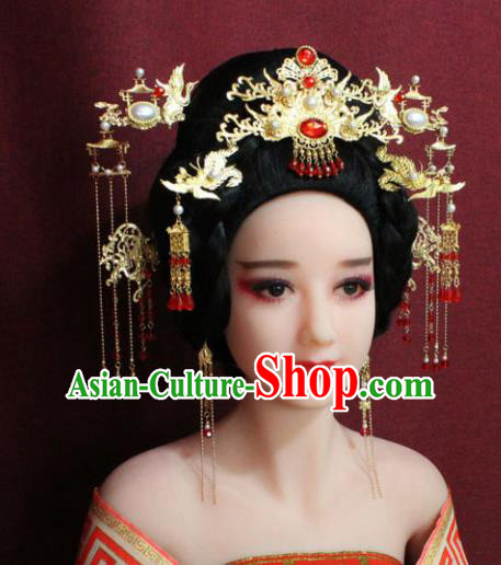 Chinese Ancient Princess Hair Accessories Palace Lady Red Crystal Phoenix Coronet Hairpins for Women