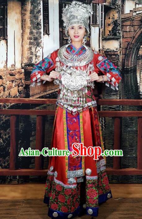 Chinese Traditional Miao Minority Dance Embroidered Costumes and Jewelry Accessories Complete Set for Women