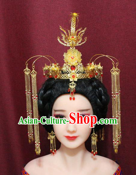 Chinese Traditional Handmade Hair Accessories Ancient Ming Dynasty Queen Golden Phoenix Coronet Hairpins for Women