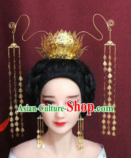 Chinese Ancient Empress Handmade Golden Lotus Phoenix Coronet Hair Accessories Hairpins for Women