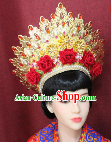 Chinese Handmade Tang Dynasty Imperial Consort Phoenix Coronet Ancient Court Hair Accessories Red Rose Hats for Women