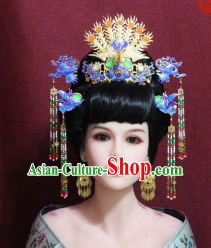 Chinese Handmade Imperial Consort Blueing Phoenix Coronet Hairpins Ancient Peri Hair Accessories for Women