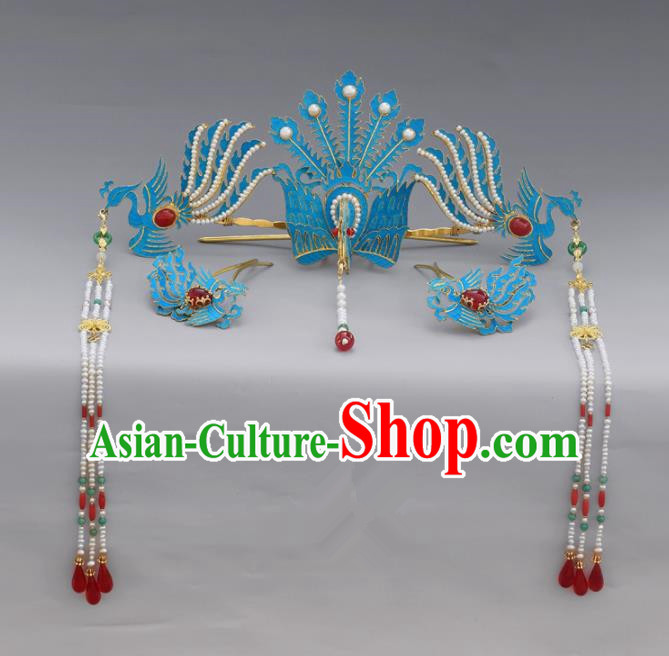 Chinese Ancient Qing Dynasty Handmade Tian-Tsui Phoenix Hairpins Hair Accessories Complete Set for Women