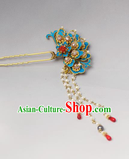 Chinese Ancient Qing Dynasty Hair Accessories Pearls Tassel Hair Clip Handmade Palace Tian-Tsui Hairpins for Women