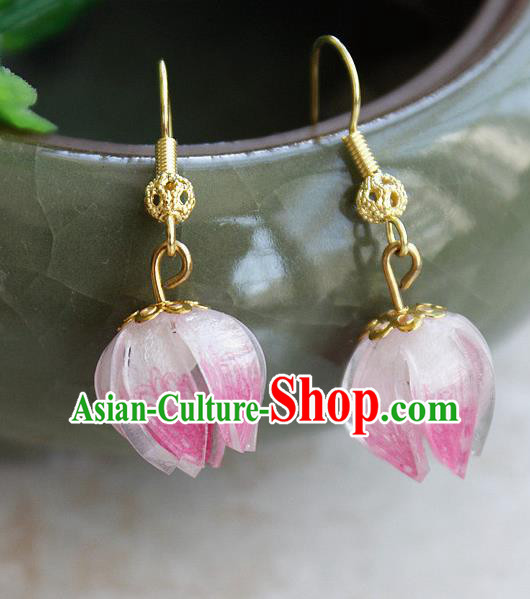 Asian Chinese Traditional Jewelry Accessories Hanfu Traditional Pink Flower Bud Earrings for Women