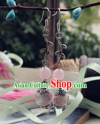 Asian Chinese Traditional Jewelry Accessories Hanfu Pink Beads Earrings for Women