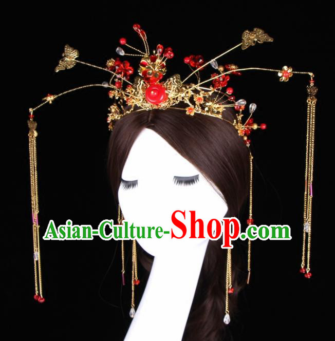 Chinese Ancient Bride Hair Accessories XiuHe Suit Golden Phoenix Coronet Hanfu Handmade Hairpins Complete Set for Women