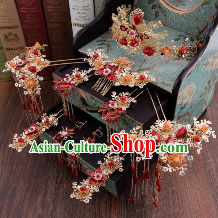 Chinese Handmade Ancient Bride Hair Accessories XiuHe Suit Phoenix Coronet Hanfu Hairpins for Women