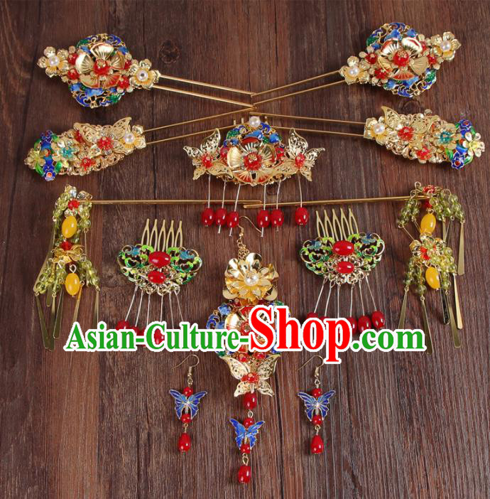 Chinese Ancient XiuHe Suit Cloisonne Hair Accessories Bride Handmade Hairpins Complete Set for Women