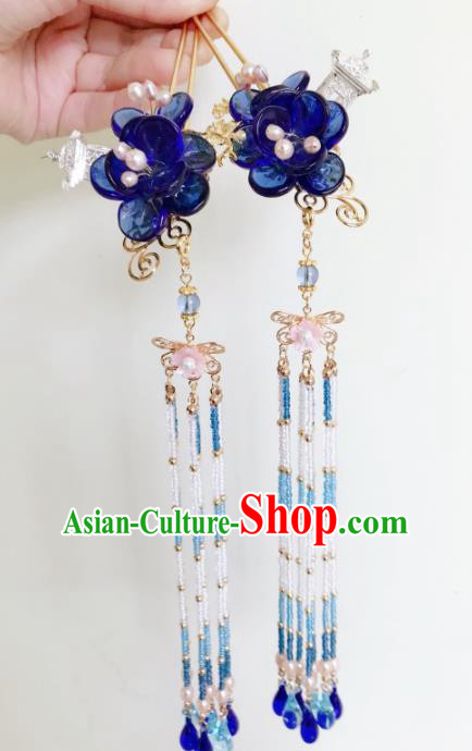 Chinese Ancient Handmade Blue Flowers Tassel Hairpins Hair Accessories Hair Clips for Women