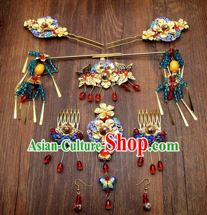 Chinese Ancient XiuHe Suit Handmade Hairpins Cloisonne Hair Accessories Complete Set for Women