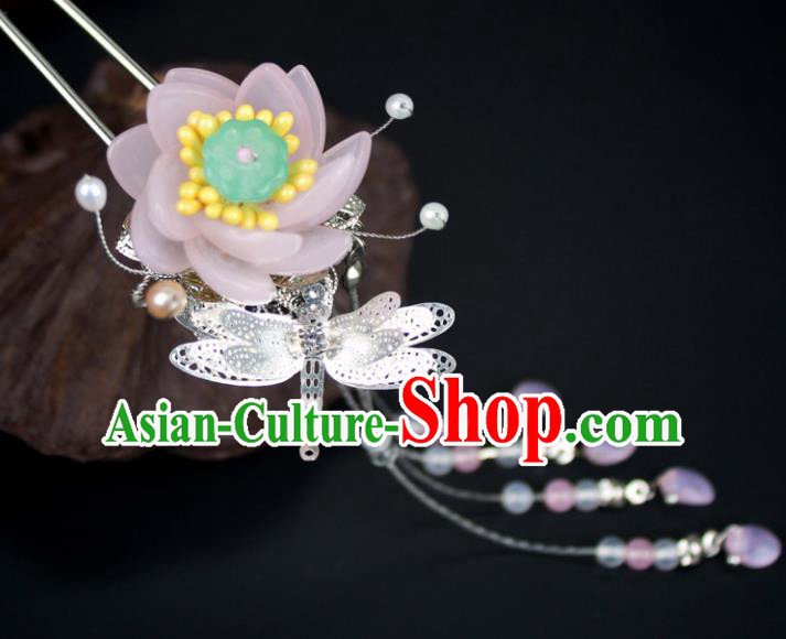 Chinese Ancient Handmade Hanfu Pink Lotus Hair Clip Hairpins Hair Accessories for Women