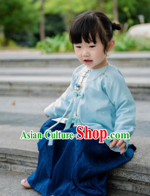 Traditional Chinese Ancient Costumes Blue Blouse and Skirt Ming Dynasty Princess Hanfu Dress for Kids