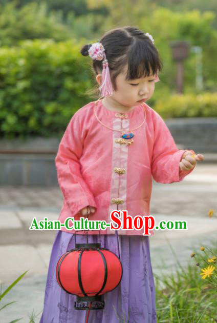 Traditional Chinese Ancient Costumes Pink Blouse and Purple Skirt Ming Dynasty Princess Hanfu Dress for Kids