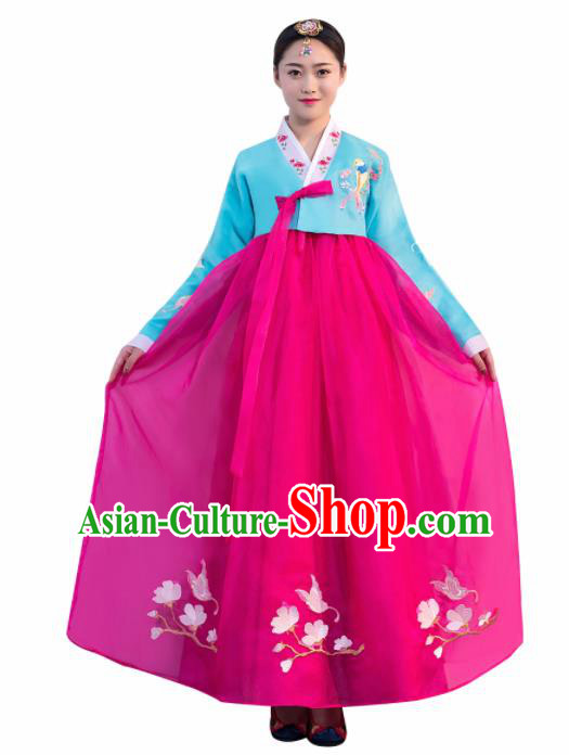 Asian Korean Traditional Costumes Korean Hanbok Blue Embroidered Blouse and Rosy Skirt for Women