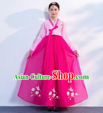 Asian Korean Traditional Costumes Korean Hanbok Pink Embroidered Blouse and Rosy Skirt for Women
