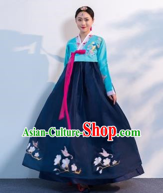Asian Korean Traditional Costumes Korean Hanbok Blue Embroidered Blouse and Navy Skirt for Women