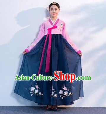 Asian Korean Traditional Costumes Korean Hanbok Pink Embroidered Blouse and Navy Skirt for Women