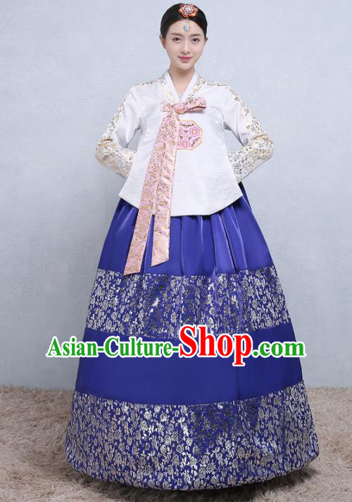 Asian Korean Traditional Costumes Korean Palace Hanbok Embroidered White Blouse and Blue Skirt for Women