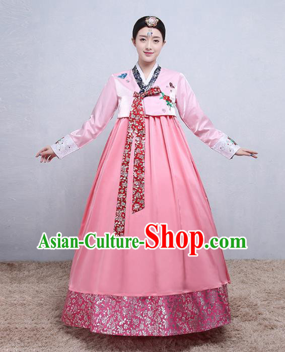 Asian Korean Traditional Costumes Korean Palace Hanbok Embroidered Pink Blouse and Skirt for Women