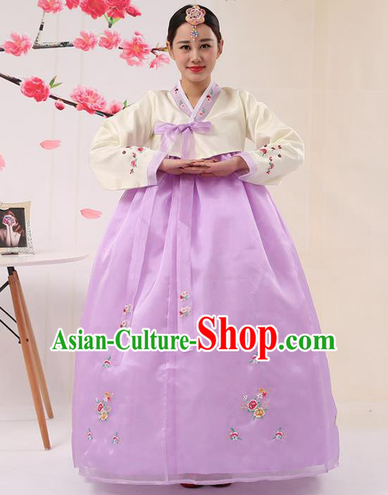 Korean Traditional Costumes Asian Korean Palace Hanbok Bride Embroidered Beige Blouse and Purple Skirt for Women