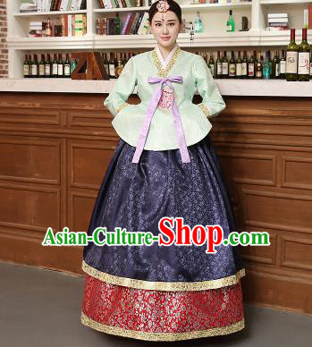 Korean Traditional Costumes Asian Korean Hanbok Palace Bride Embroidered Green Blouse and Navy Skirt for Women