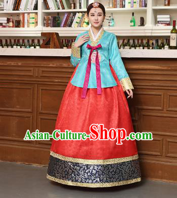 Korean Traditional Costumes Asian Korean Hanbok Palace Bride Embroidered Blue Blouse and Red Skirt for Women