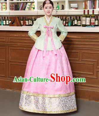 Korean Traditional Costumes Asian Korean Hanbok Palace Bride Embroidered Green Blouse and Pink Skirt for Women