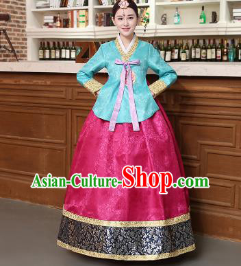 Korean Traditional Costumes Asian Korean Hanbok Palace Bride Embroidered Blue Blouse and Rosy Skirt for Women