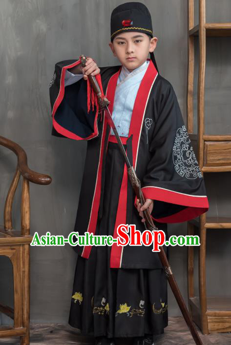 Traditional Chinese Ancient Scholar Black Costumes Han Dynasty Minister Clothing for Kids