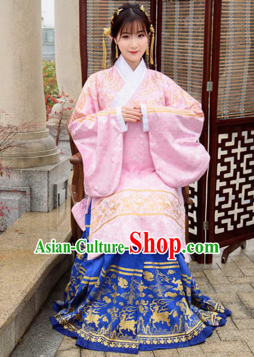 Traditional Chinese Ancient Ming Dynasty Palace Princess Costumes Pink Cloak and Blue Skirt for Women