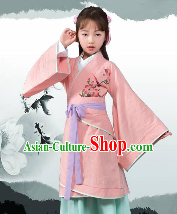 Traditional Chinese Ancient Han Dynasty Princess Costume Pink Curving-front Robe for Kids