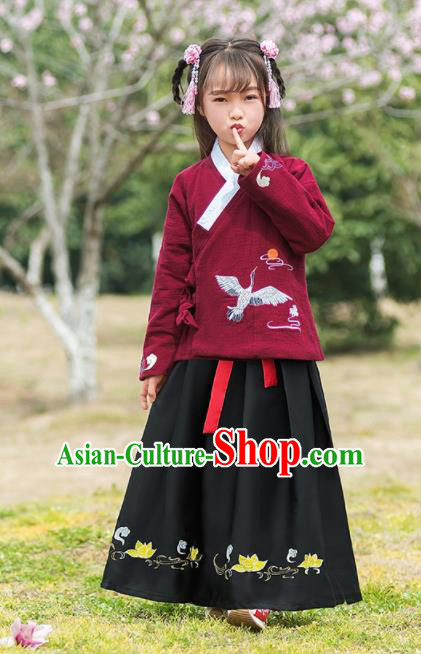 Traditional Chinese Ancient Ming Dynasty Costumes Wine Red Blouse and Black Skirt for Kids