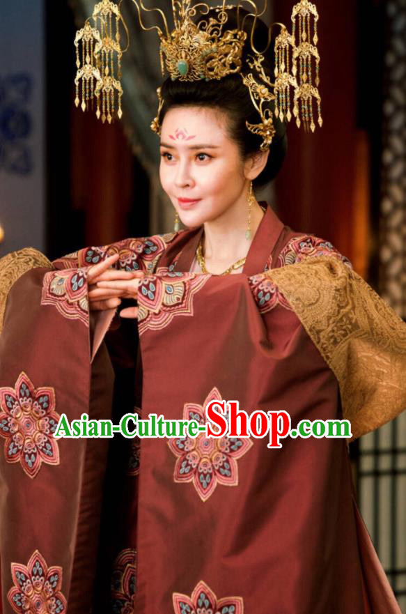 Chinese Ancient The Rise of Phoenixes Hanfu Dress Tang Dynasty Imperial Consort Embroidered Costumes and Headpiece Complete Set