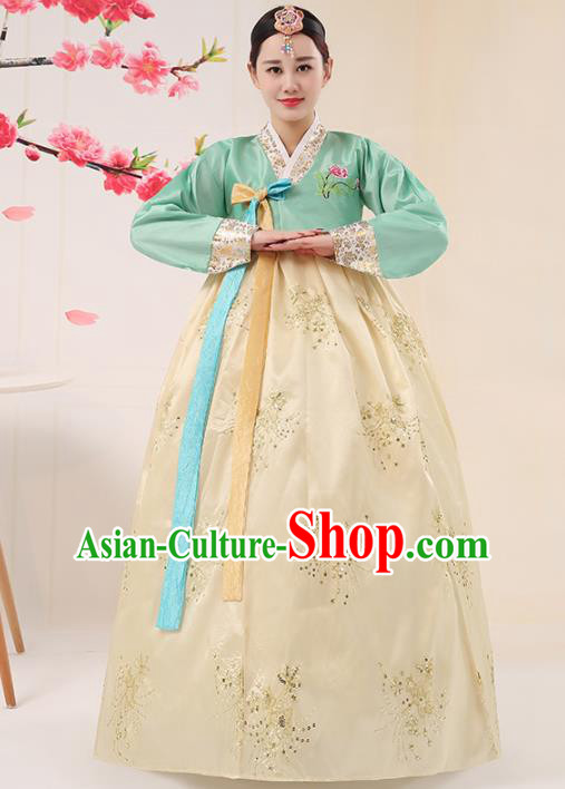 Korean Traditional Palace Costumes Asian Korean Hanbok Bride Embroidered Green Blouse and Yellow Skirt for Women