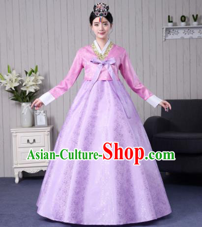 Traditional Korean Palace Costumes Asian Korean Hanbok Bride Pink Blouse and Lilac Skirt for Women