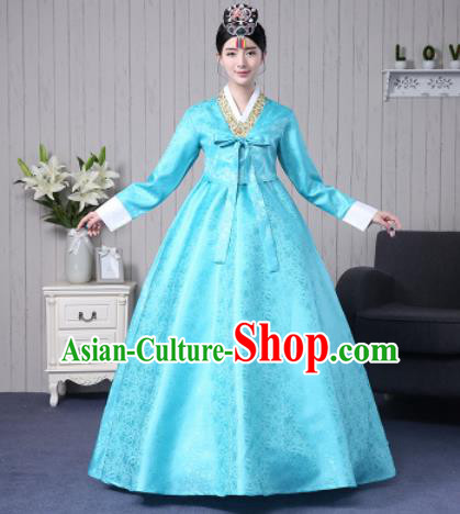 Traditional Korean Palace Costumes Asian Korean Hanbok Bride Blue Blouse and Skirt for Women