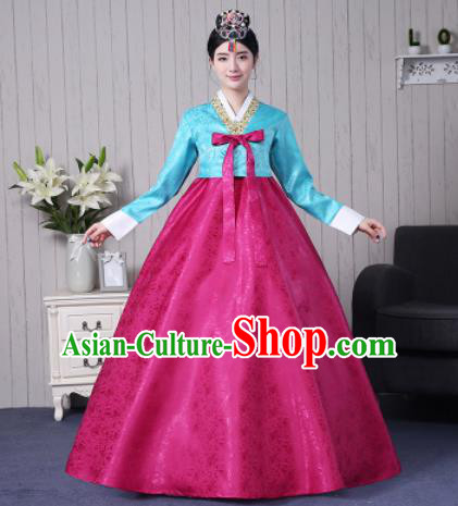 Traditional Korean Palace Costumes Asian Korean Hanbok Bride Blue Blouse and Rosy Skirt for Women