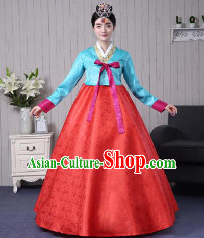Traditional Korean Palace Costumes Asian Korean Hanbok Blue Blouse and Red Skirt for Women
